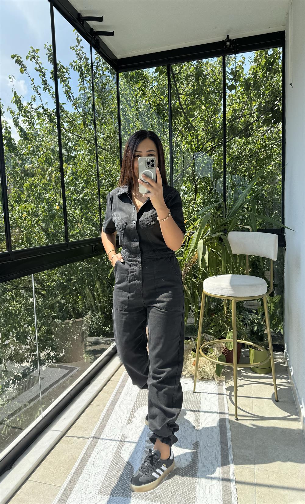 Kısa Kol Tensel Tulum Siyah