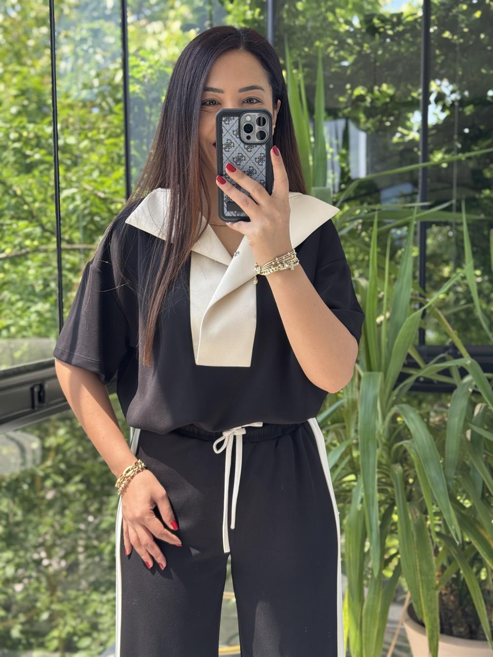 Modal Kısa Kollu Garnili Takım Siyah