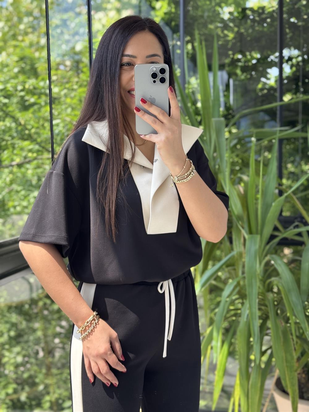 Modal Kısa Kollu Garnili Takım Siyah