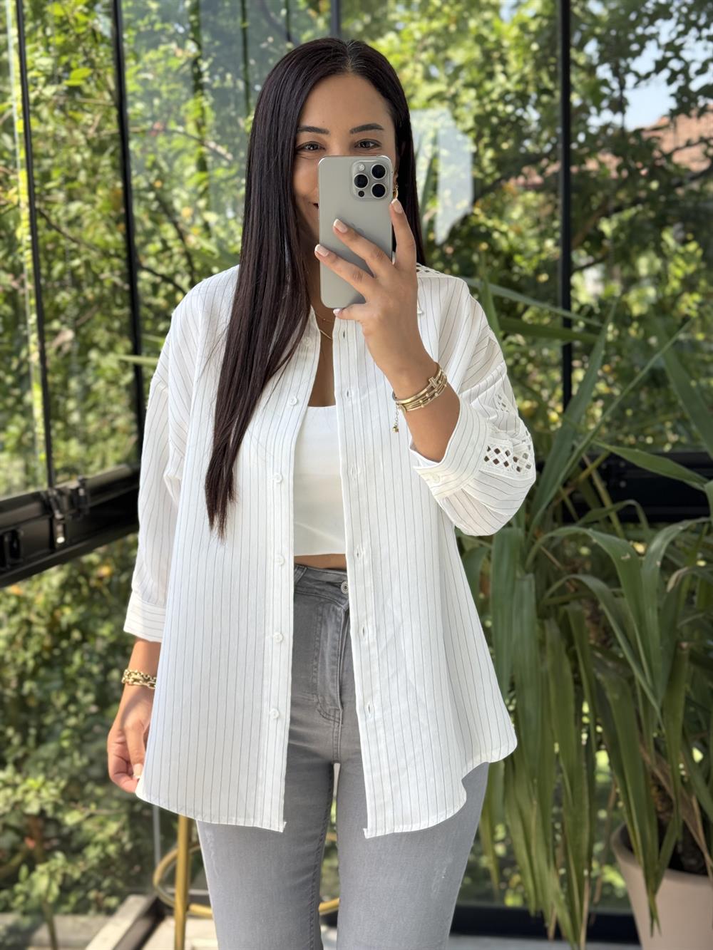 Kol Detaylı Çizgili Gömlek Beyaz