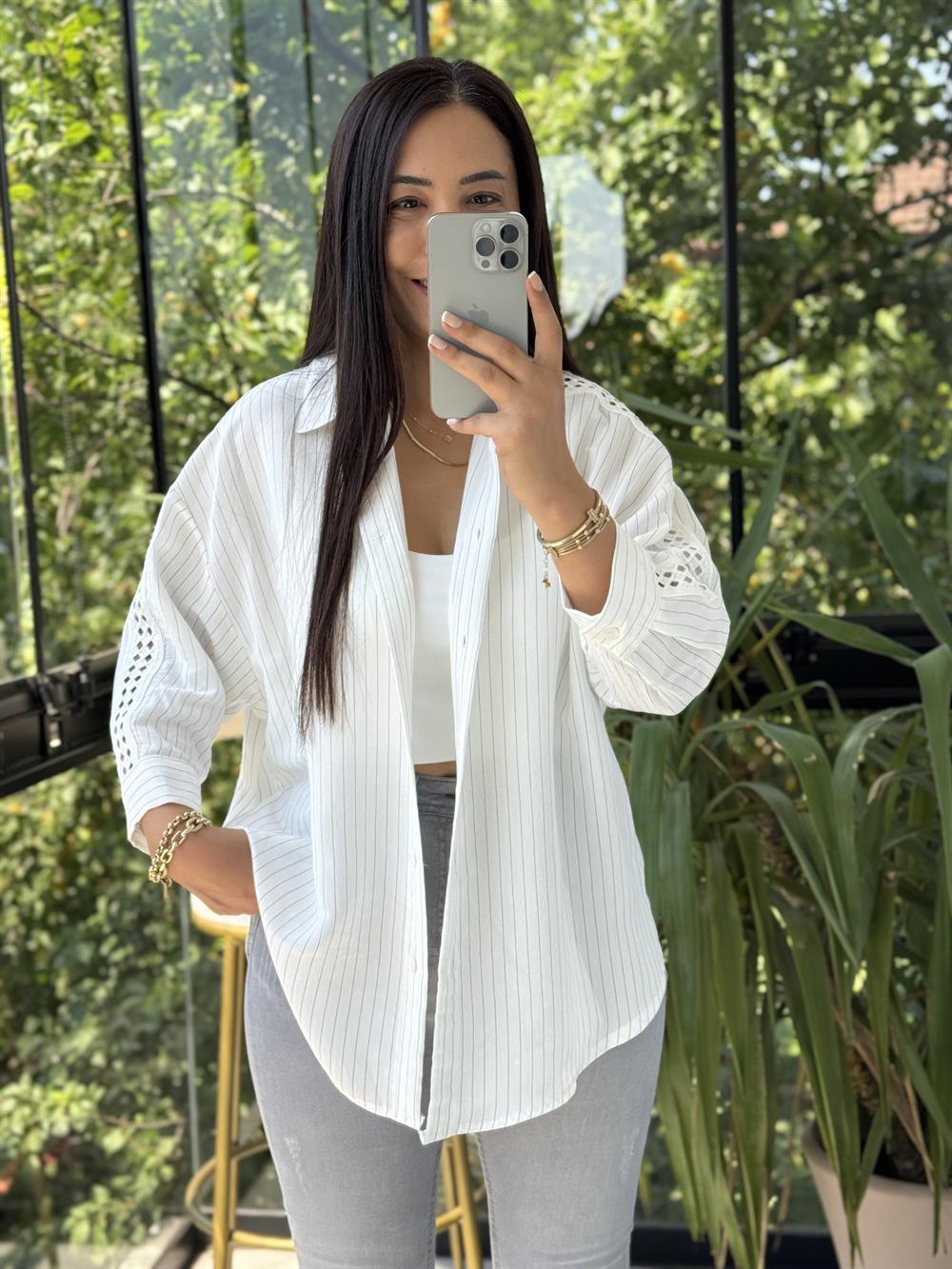 Kol Detaylı Çizgili Gömlek Beyaz