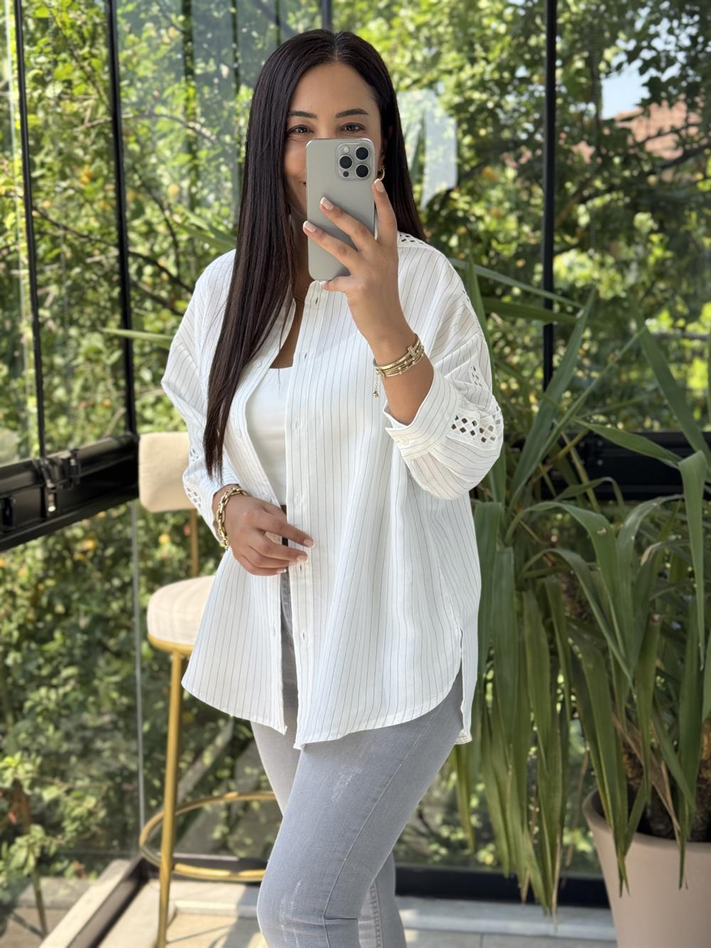 Kol Detaylı Çizgili Gömlek Beyaz