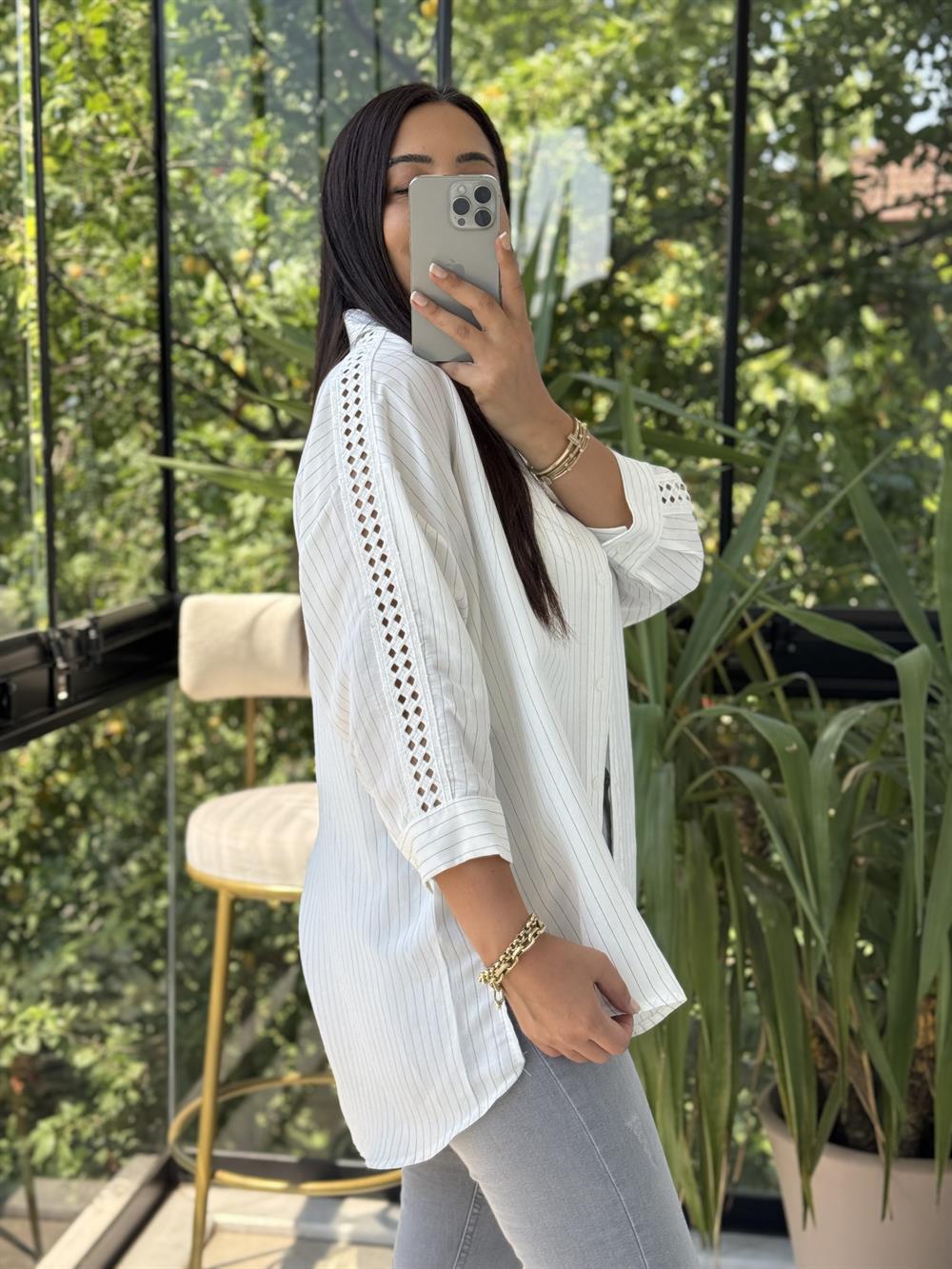 Kol Detaylı Çizgili Gömlek Beyaz