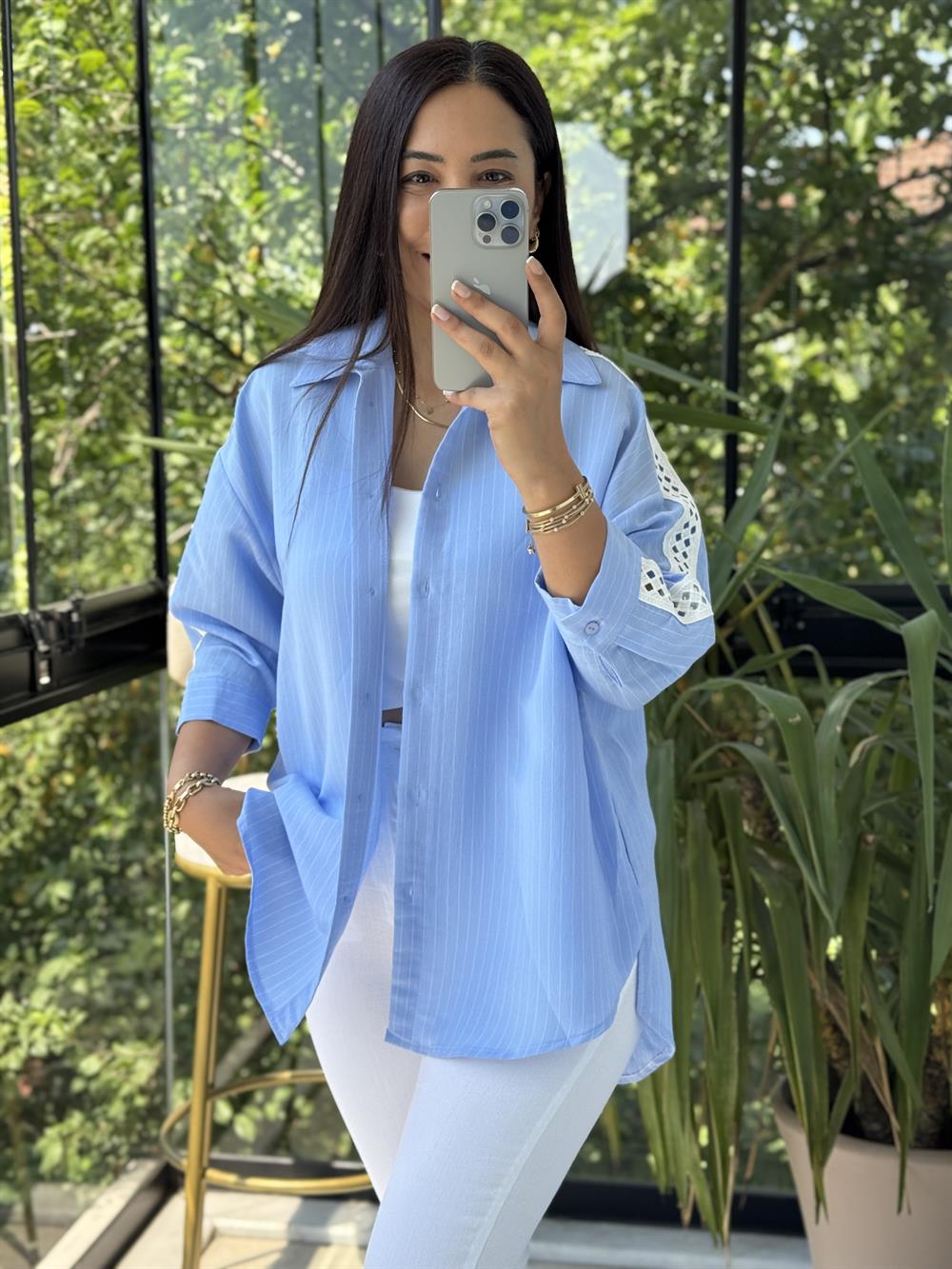 Kol Detaylı Çizgili Gömlek Mavi