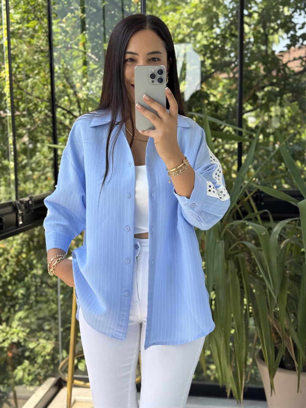 Kol Detaylı Çizgili Gömlek Mavi