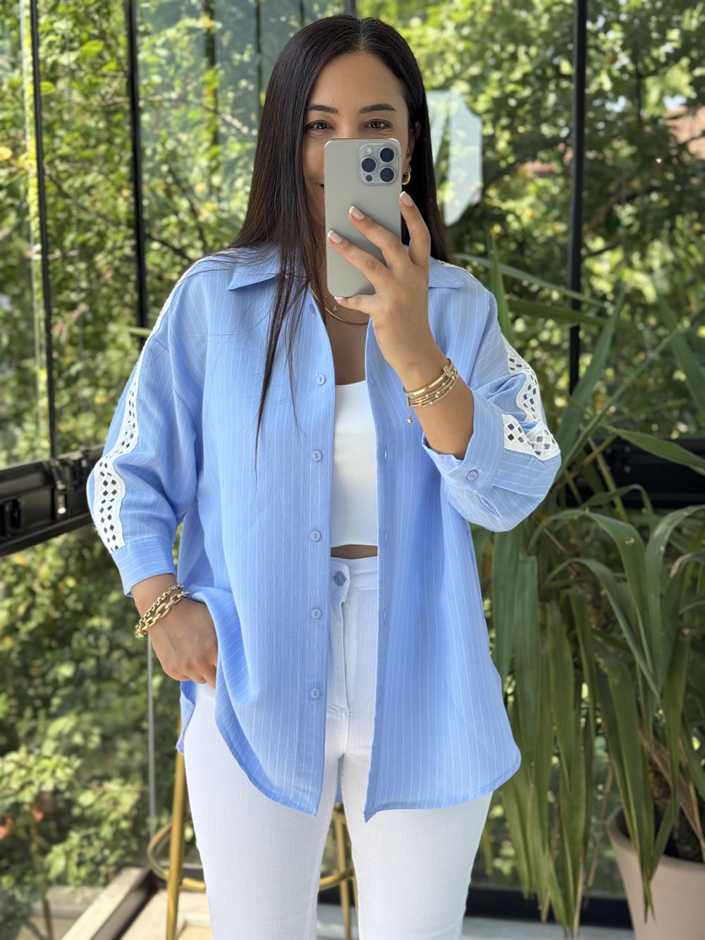 Kol Detaylı Çizgili Gömlek Mavi