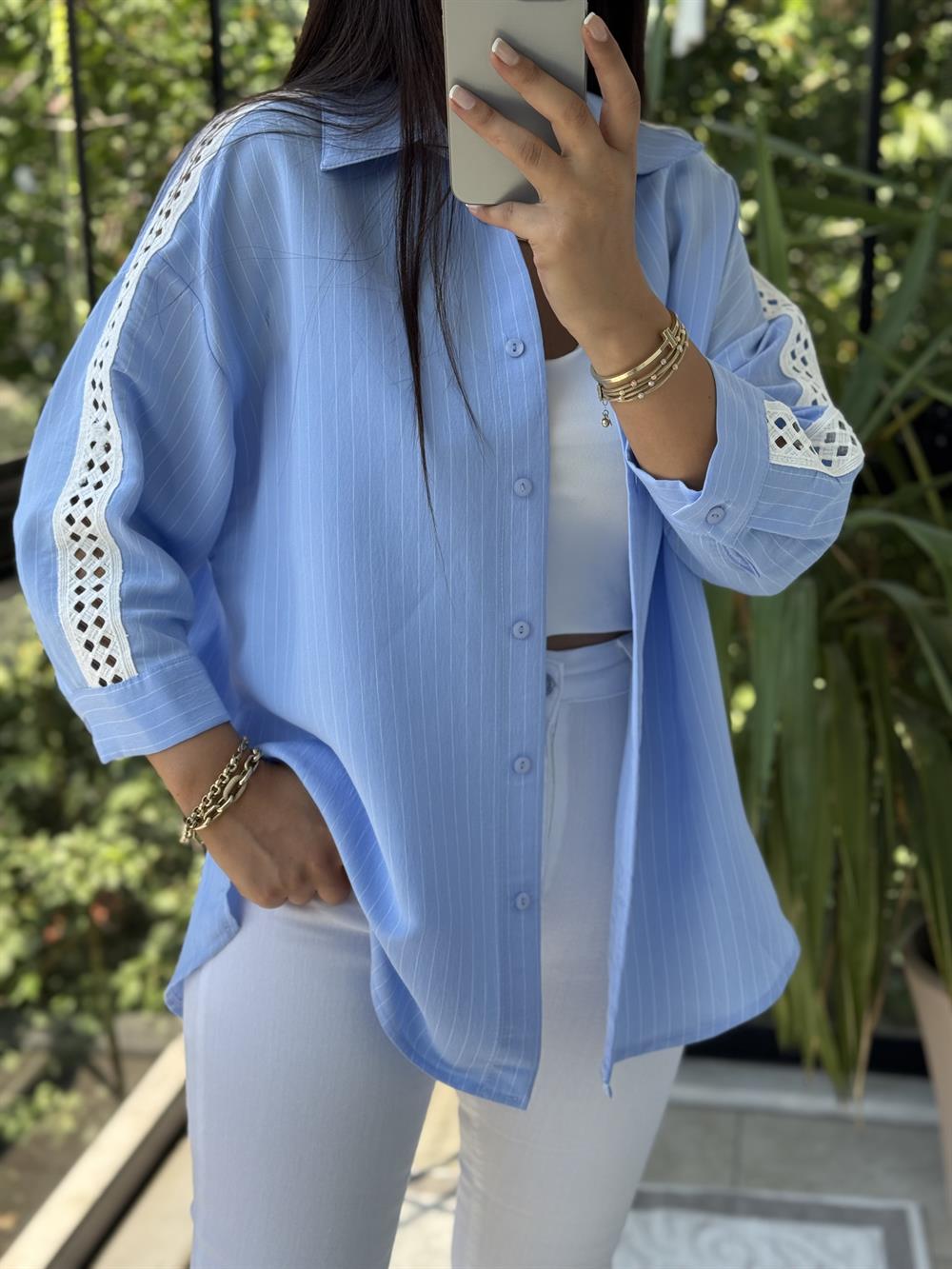 Kol Detaylı Çizgili Gömlek Mavi