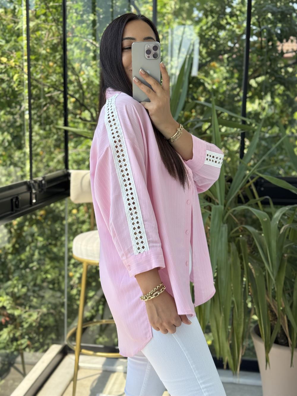 Kol Detaylı Çizgili Gömlek Pembe