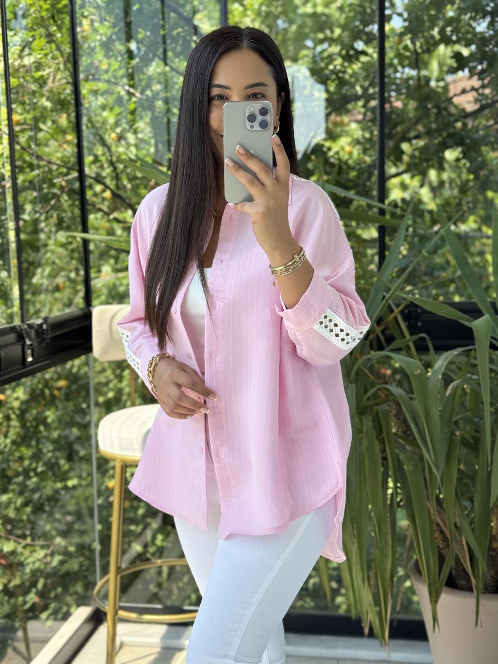 Kol Detaylı Çizgili Gömlek Pembe