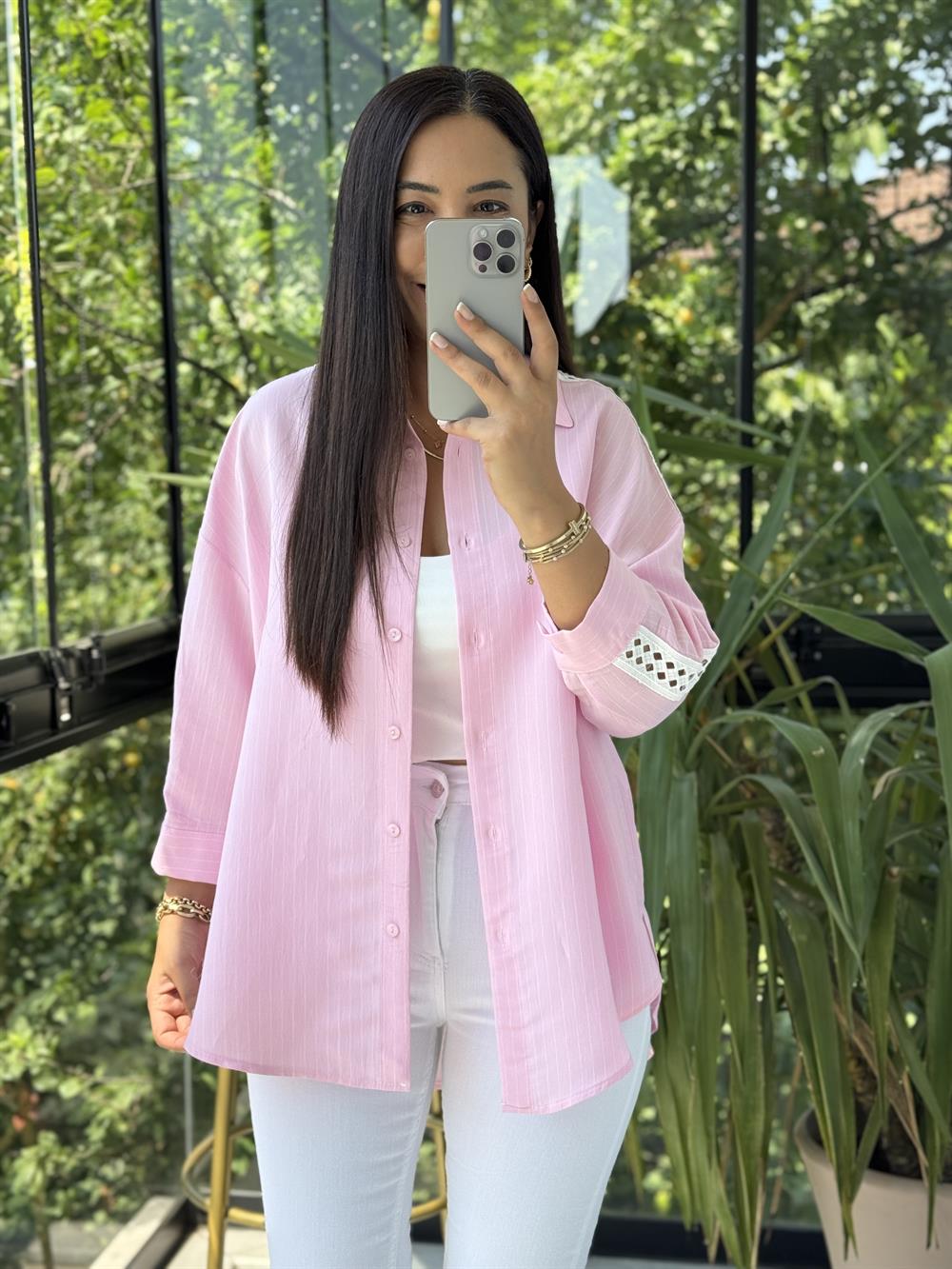 Kol Detaylı Çizgili Gömlek Pembe