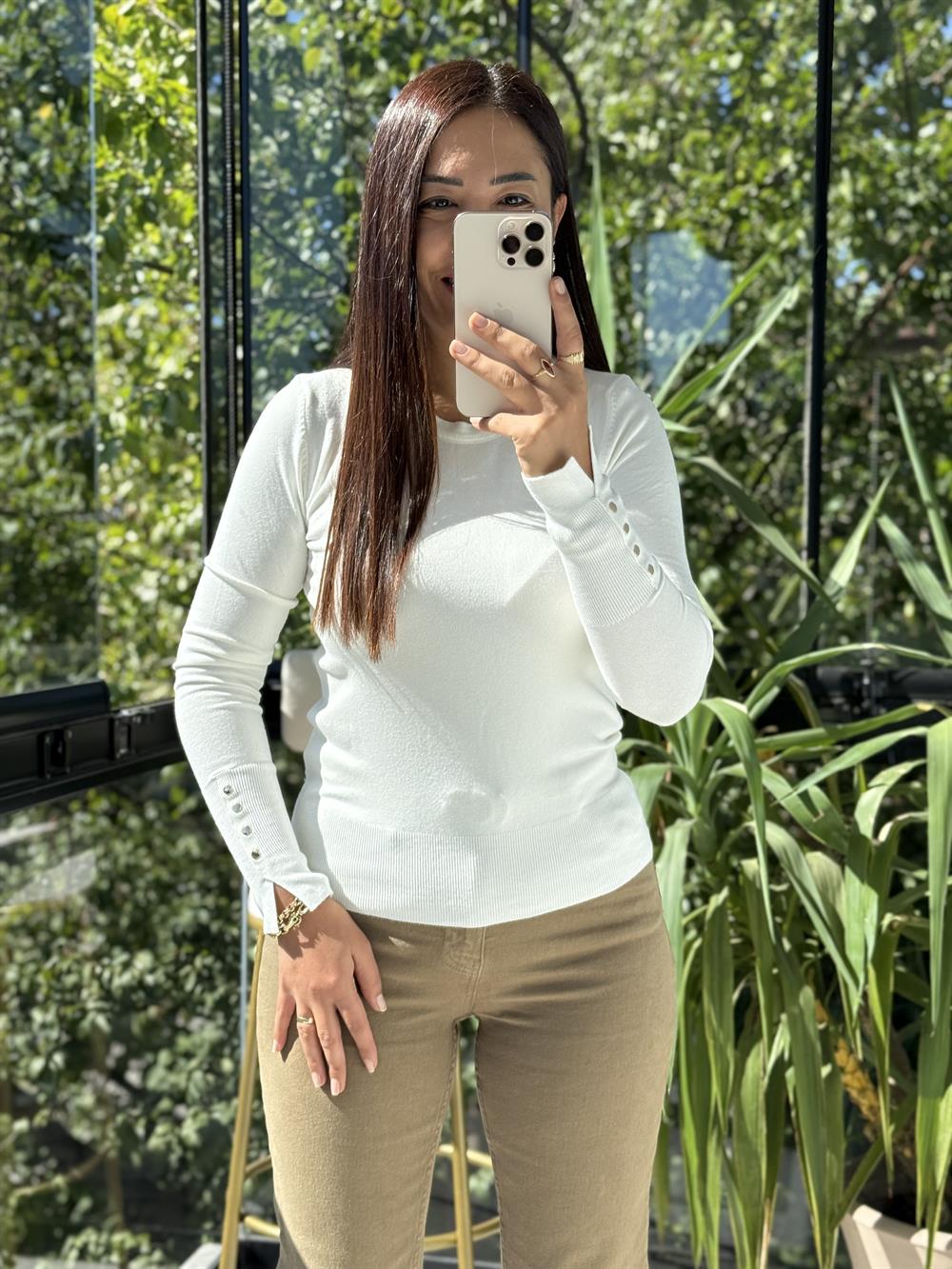 Dilvin Kol Ortası Droplu Triko Kazak Ekru