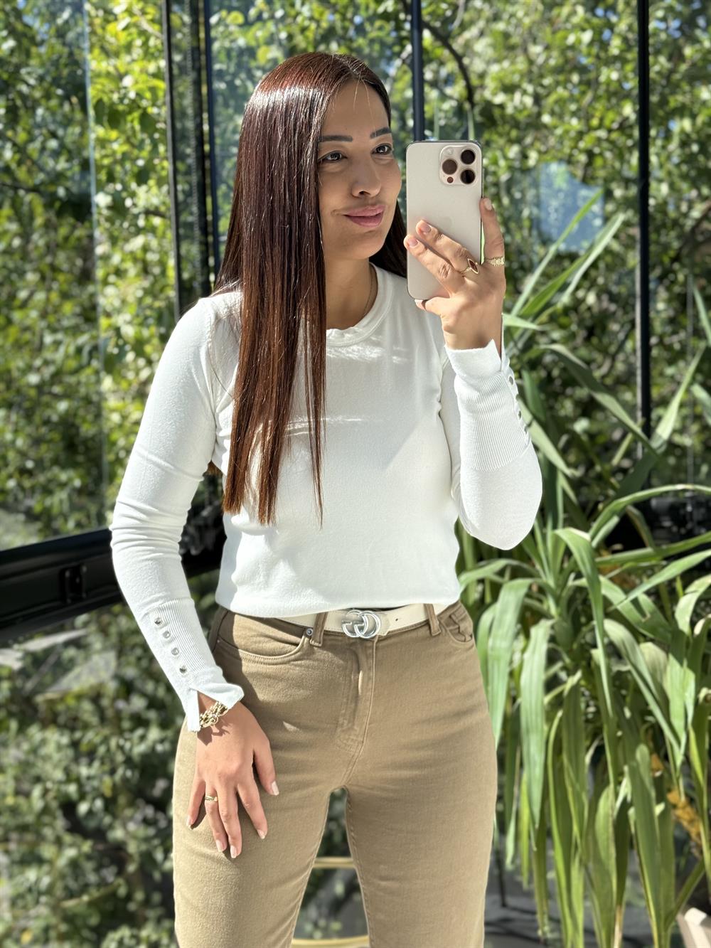 Dilvin Kol Ortası Droplu Triko Kazak Ekru