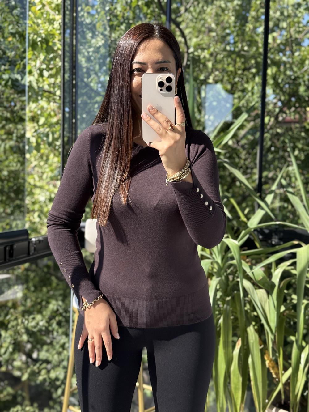 Dilvin Kol Ortası Droplu Triko Kazak Koyu Kahve