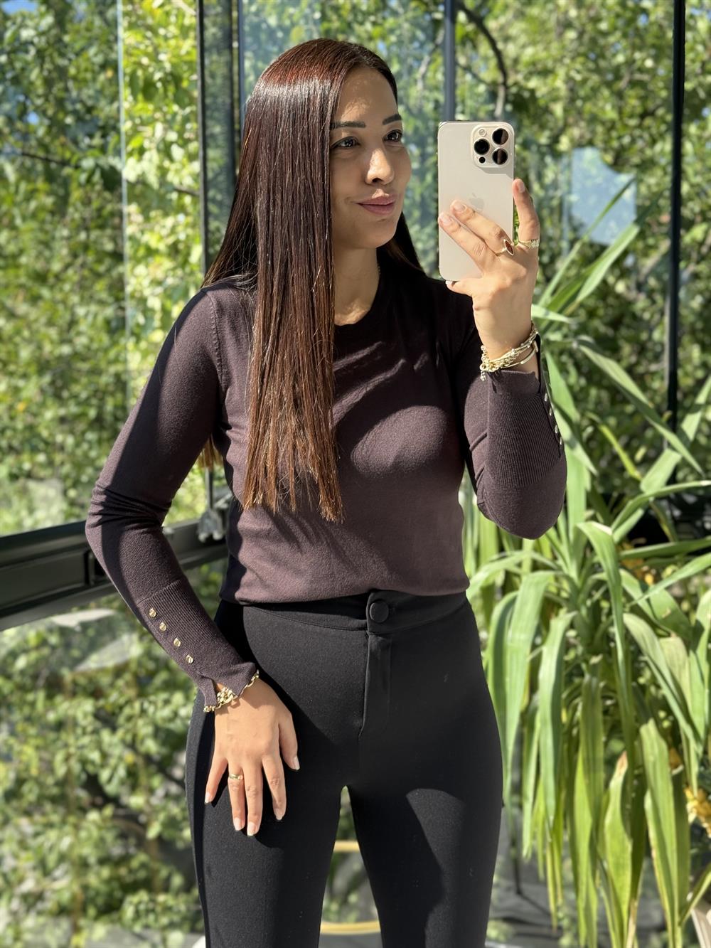 Dilvin Kol Ortası Droplu Triko Kazak Koyu Kahve