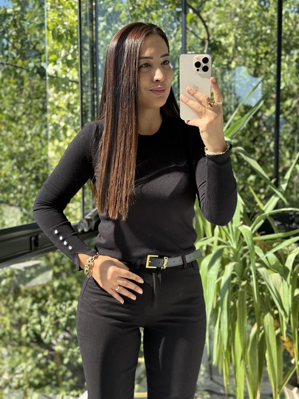 Dilvin Kol Ortası Droplu Triko Kazak Siyah