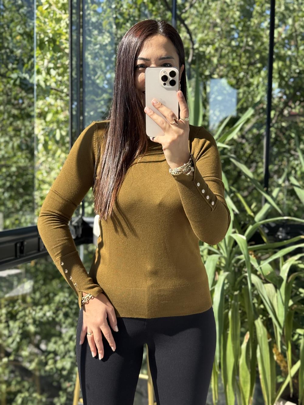 Dilvin Kol Ortası Droplu Triko Kazak Yağ Yeşili