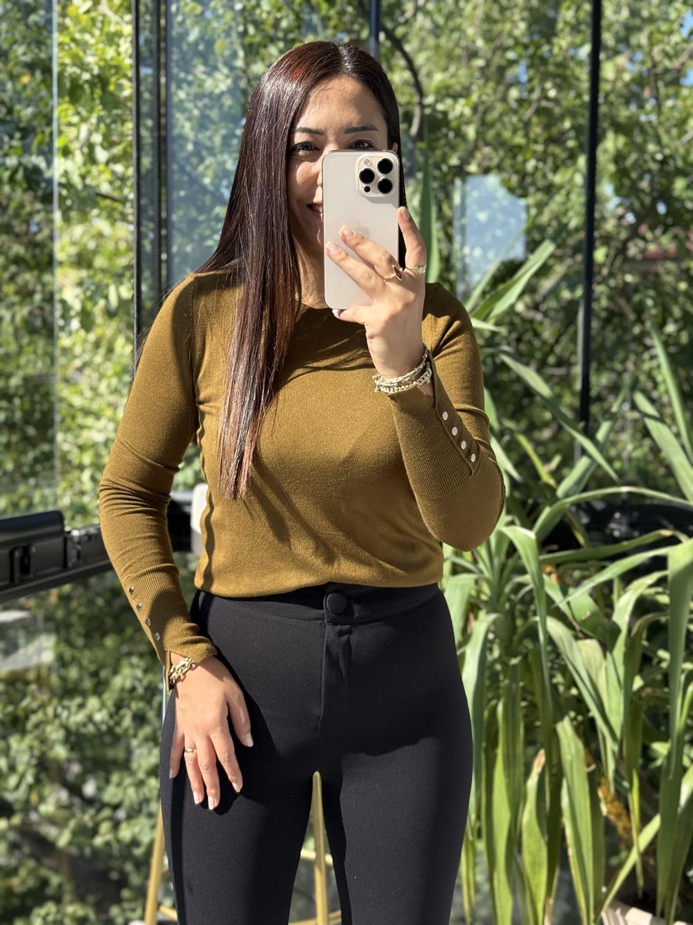 Dilvin Kol Ortası Droplu Triko Kazak Yağ Yeşili