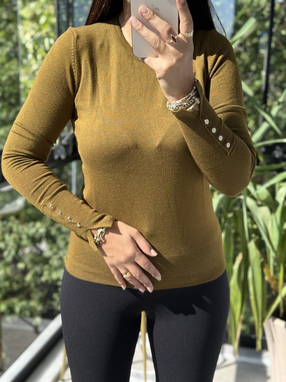 Dilvin Kol Ortası Droplu Triko Kazak Yağ Yeşili