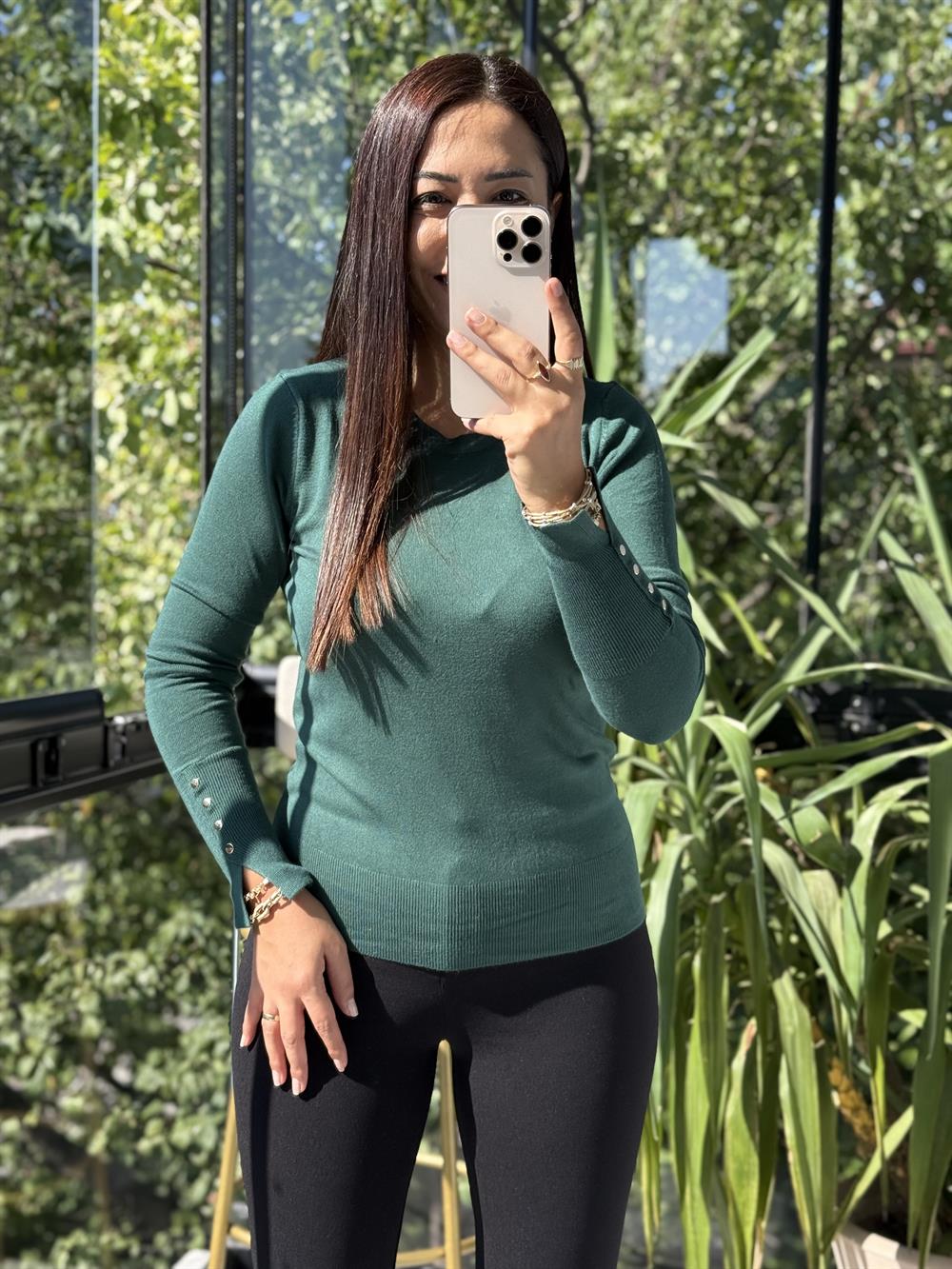 Dilvin Kol Ortası Droplu Triko Kazak Zümrüt