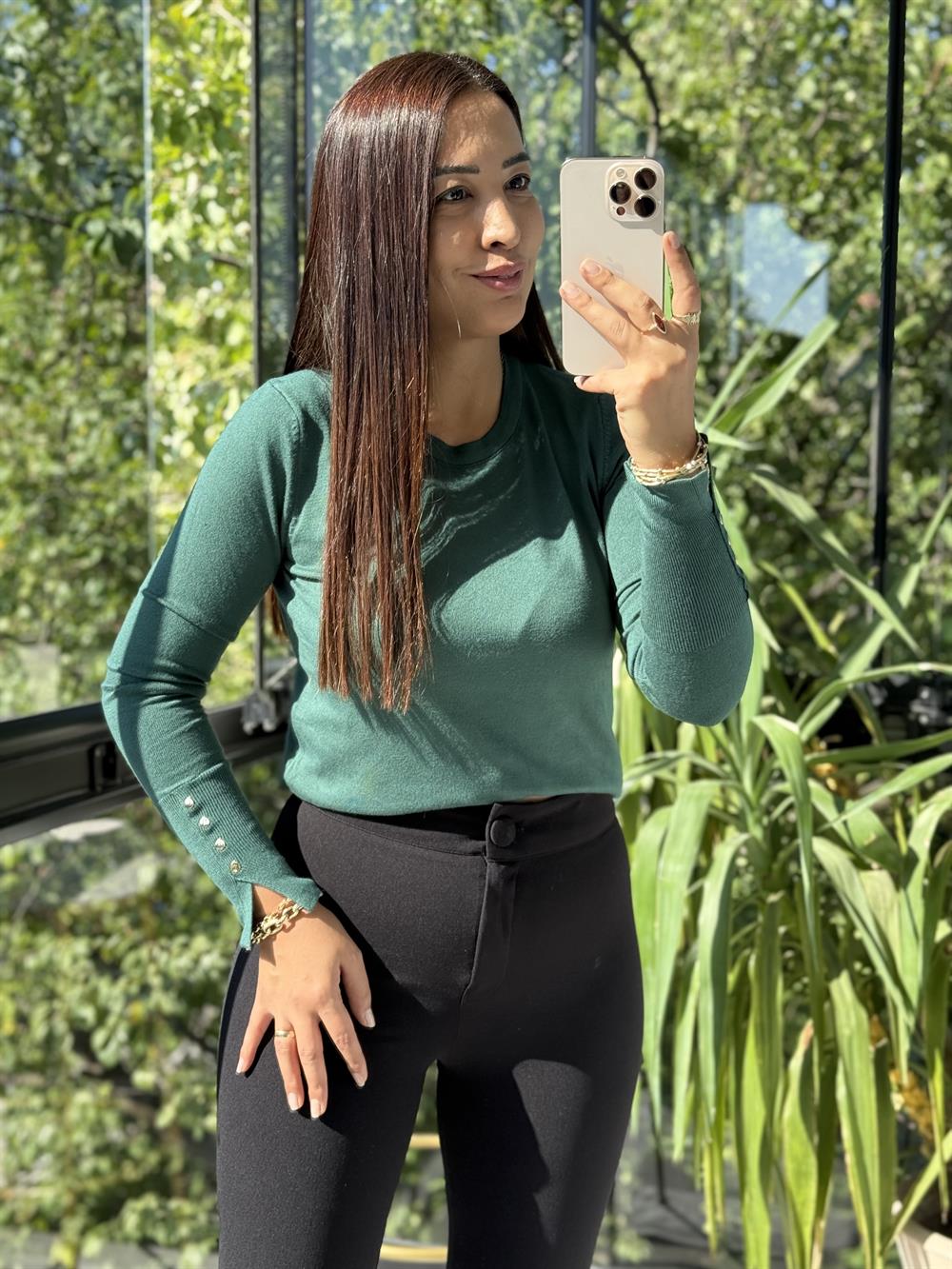 Dilvin Kol Ortası Droplu Triko Kazak Zümrüt