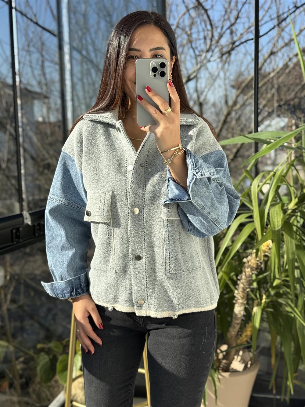 Kolları Kot Detaylı Hırka Gri