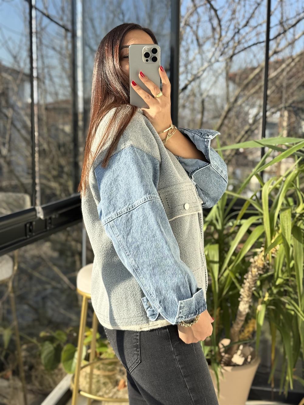 Kolları Kot Detaylı Hırka Gri