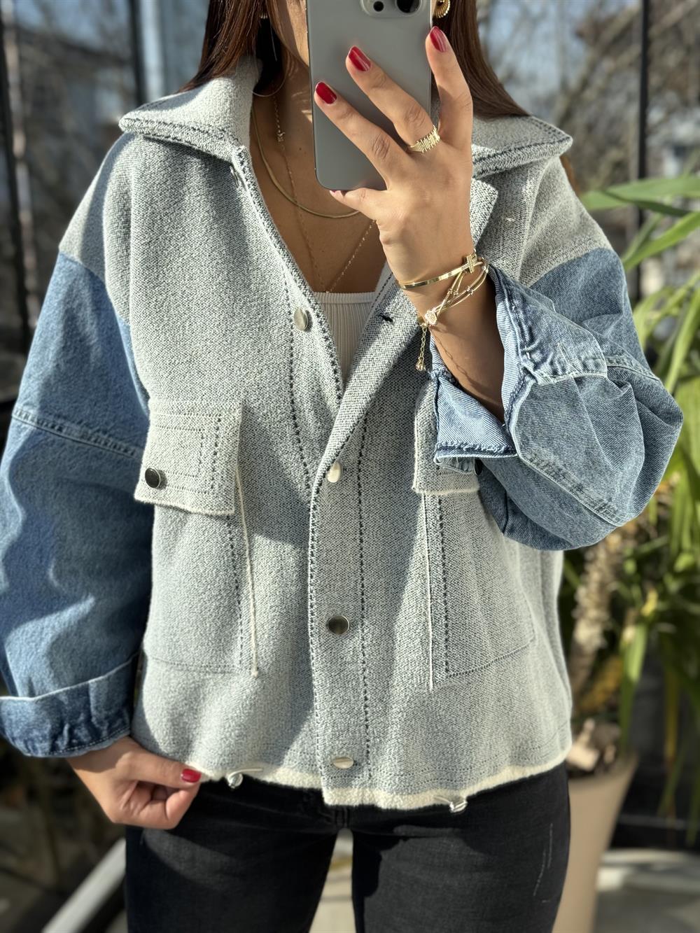 Kolları Kot Detaylı Hırka Gri