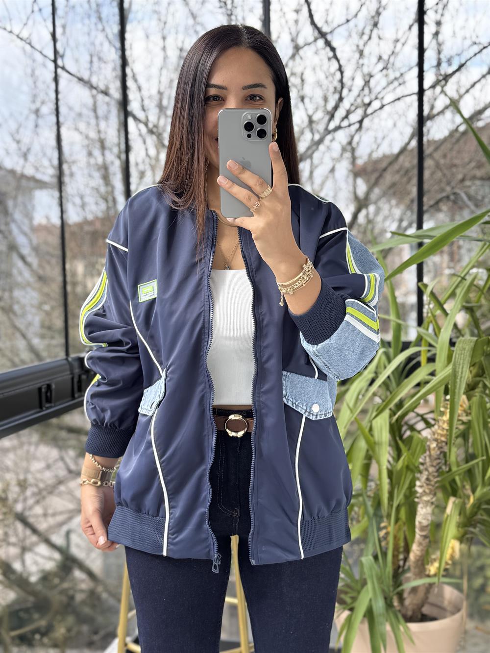 Kolları Şeritli Bomber Yağmurluk Lacivert