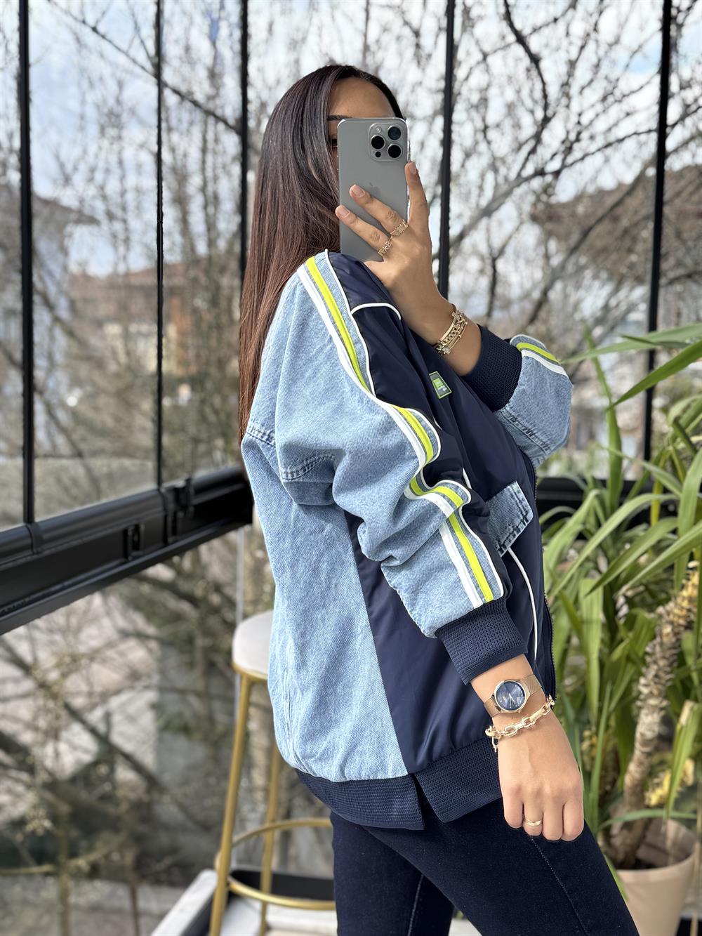 Kolları Şeritli Bomber Yağmurluk Lacivert