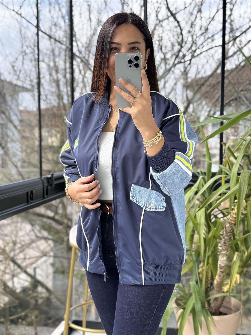 Kolları Şeritli Bomber Yağmurluk Lacivert