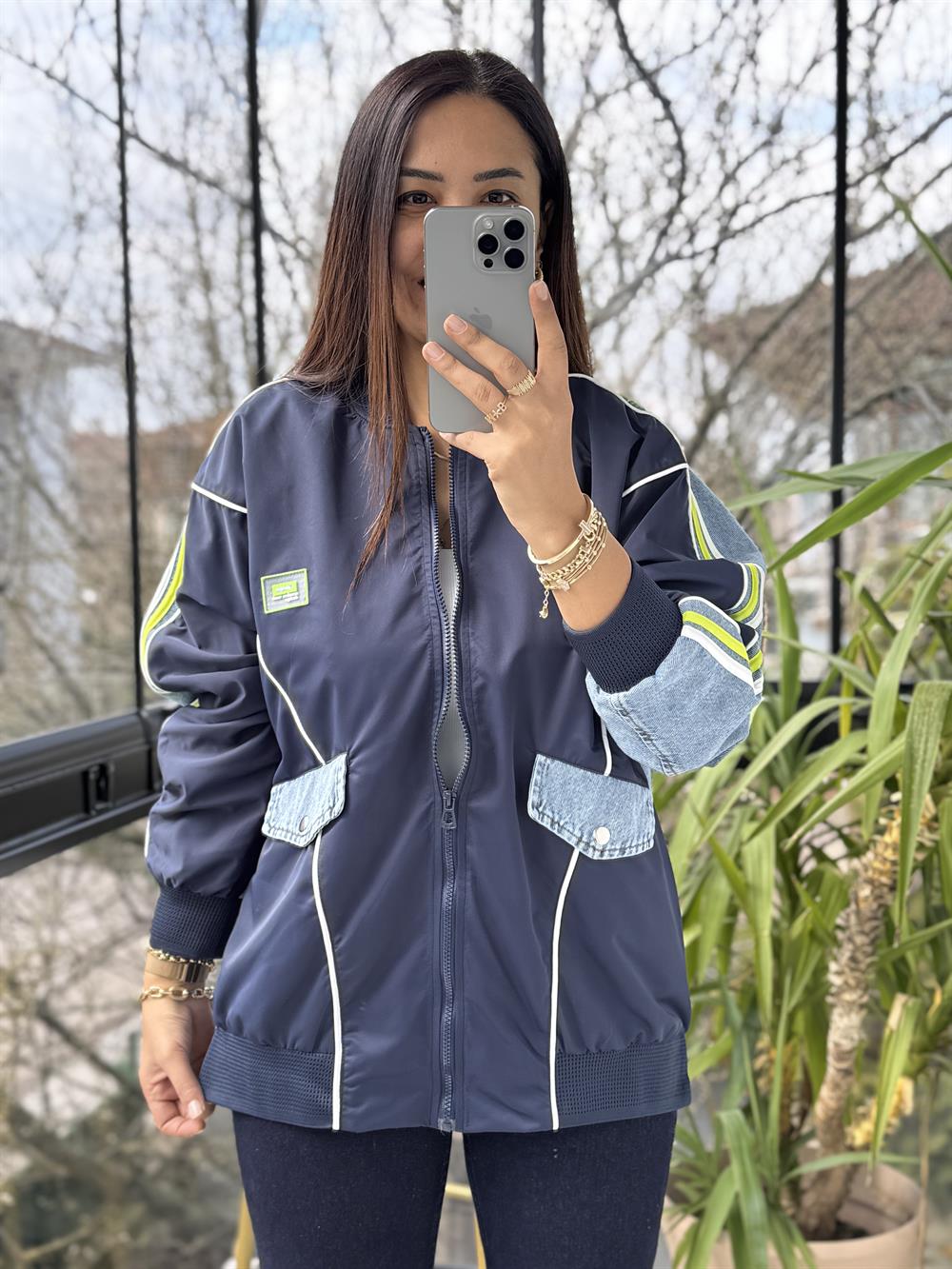 Kolları Şeritli Bomber Yağmurluk Lacivert