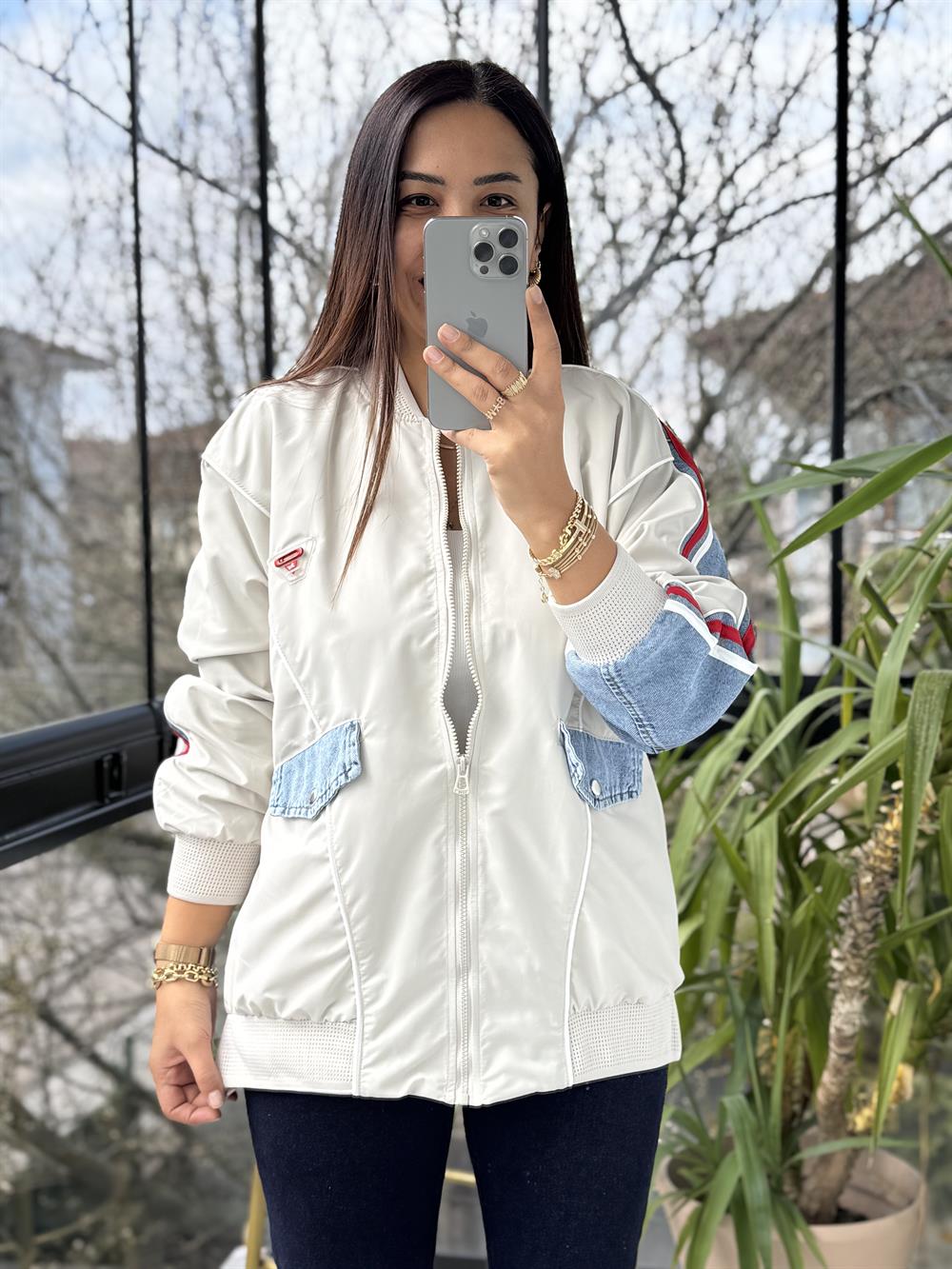 Kolları Şeritli Bomber Yağmurluk Taş