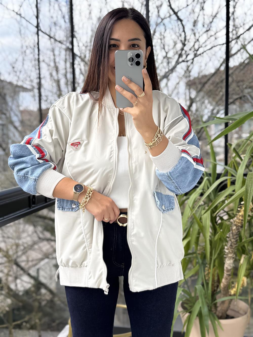 Kolları Şeritli Bomber Yağmurluk Taş