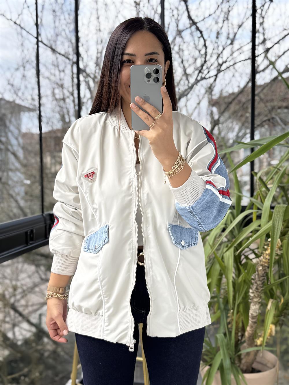 Kolları Şeritli Bomber Yağmurluk Taş