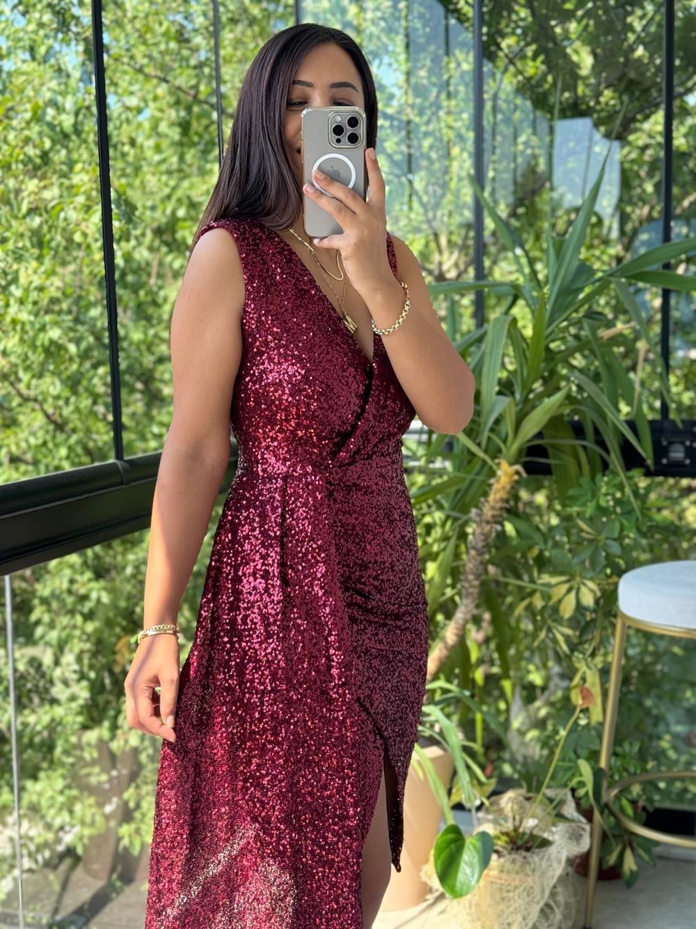 Kolsuz Yırtmaçlı Pul Abiye Kırmızı