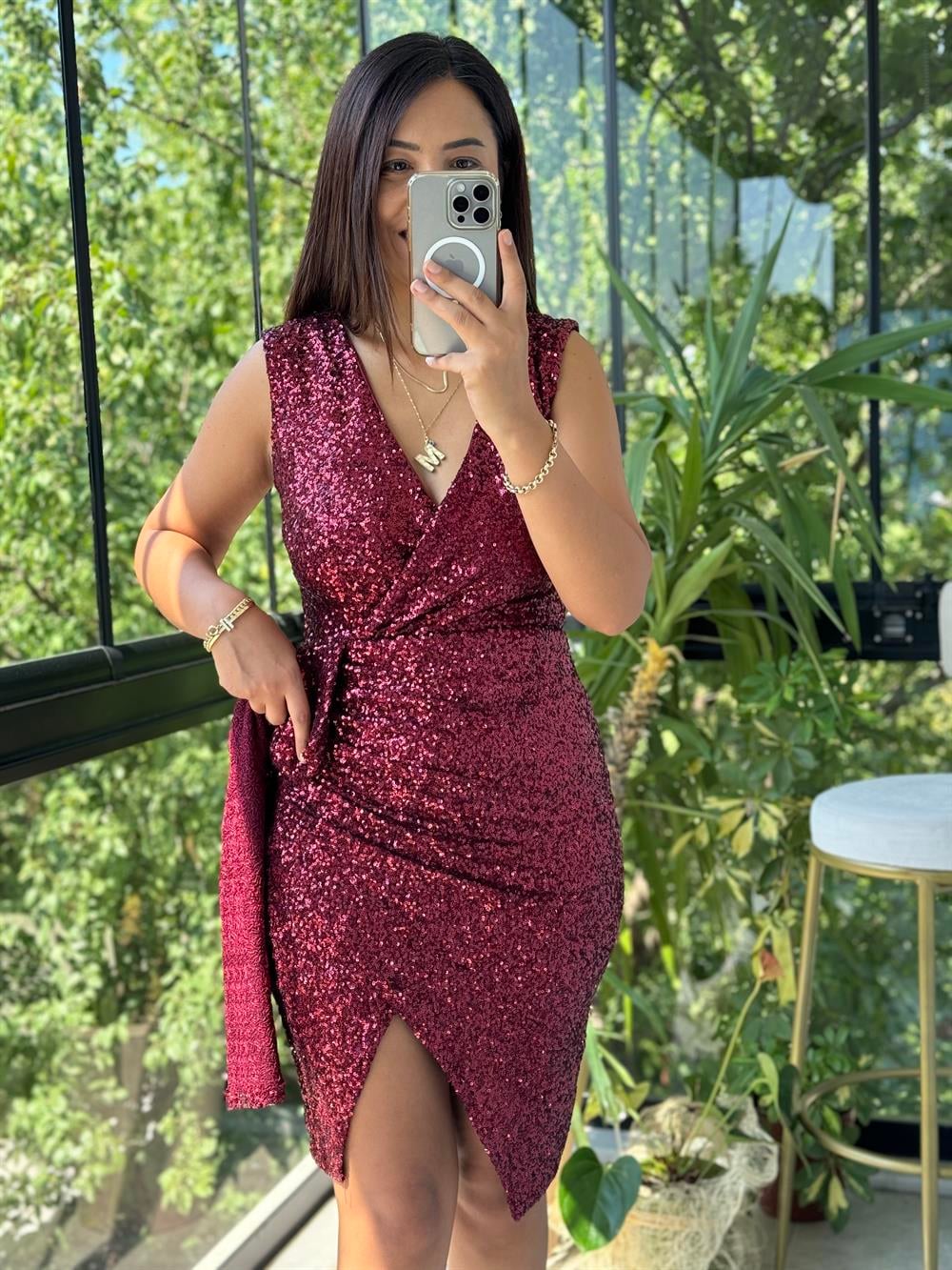 Kolsuz Yırtmaçlı Pul Abiye Kırmızı