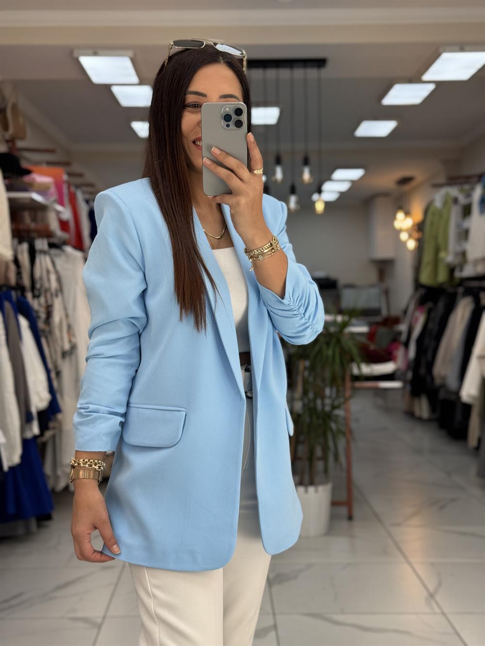 Kolu Büzgülü Blazer Ceket Bebe Mavi