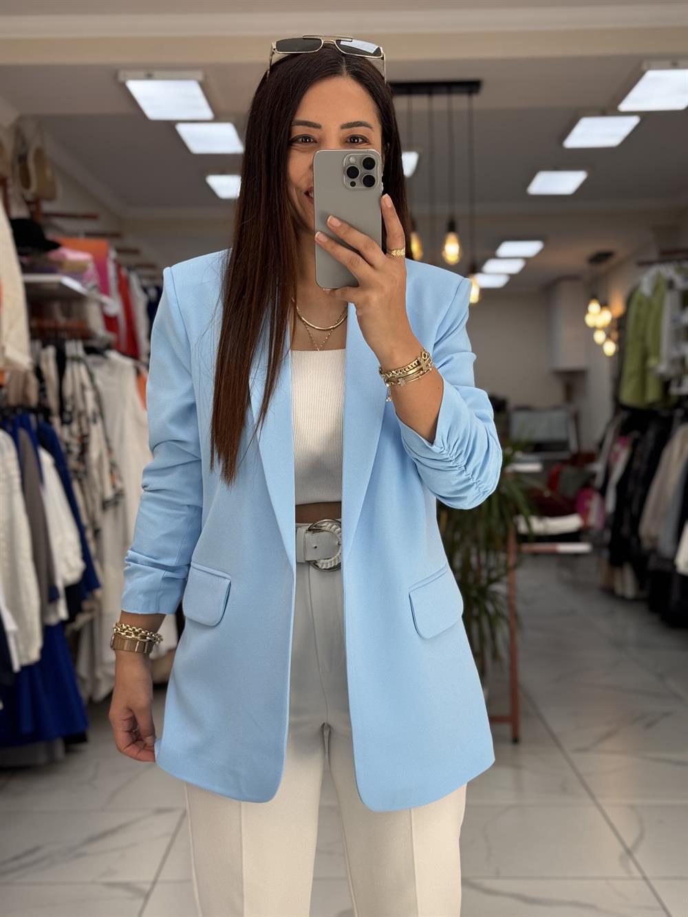 Kolu Büzgülü Blazer Ceket Bebe Mavi