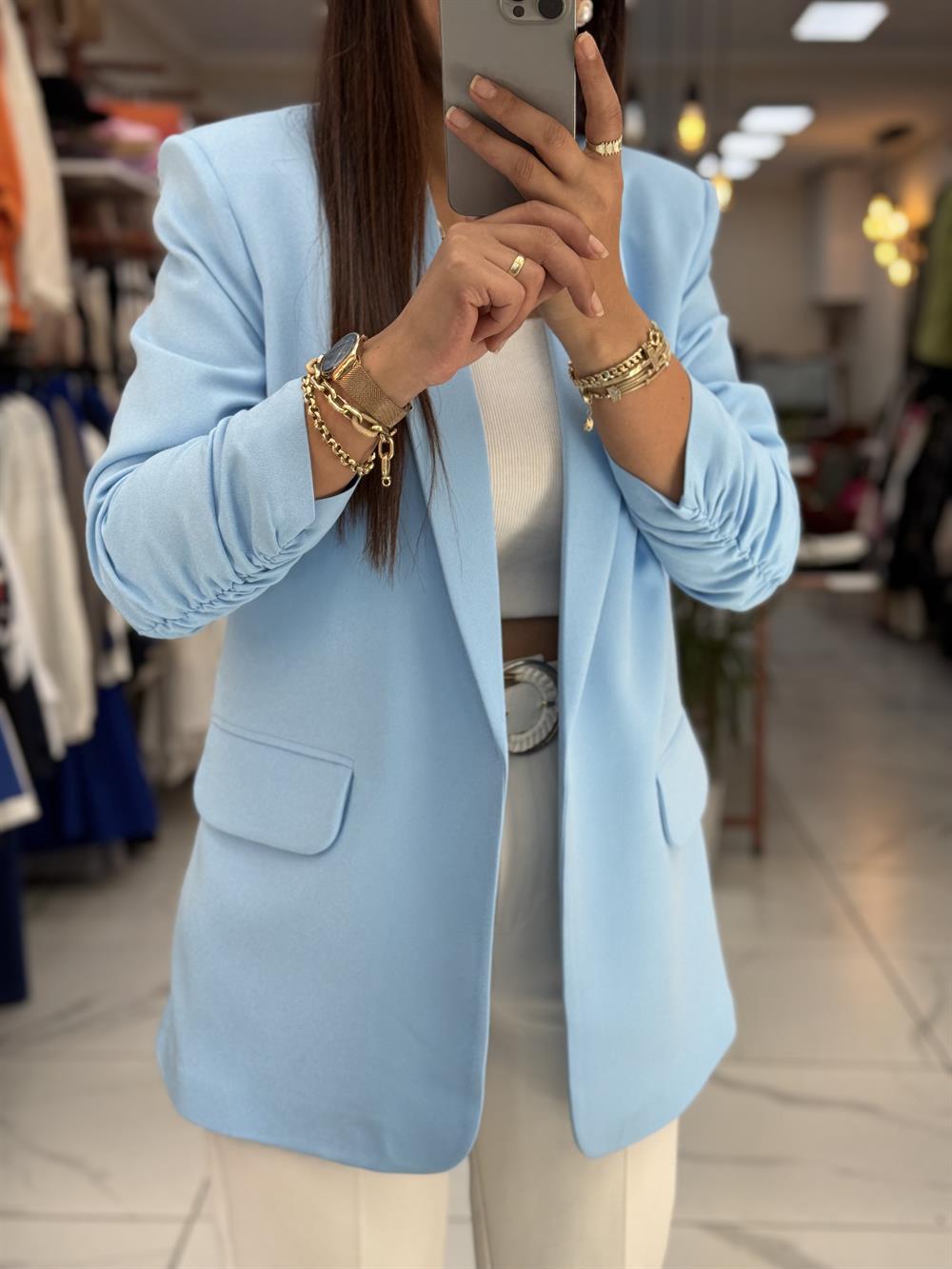 Kolu Büzgülü Blazer Ceket Bebe Mavi