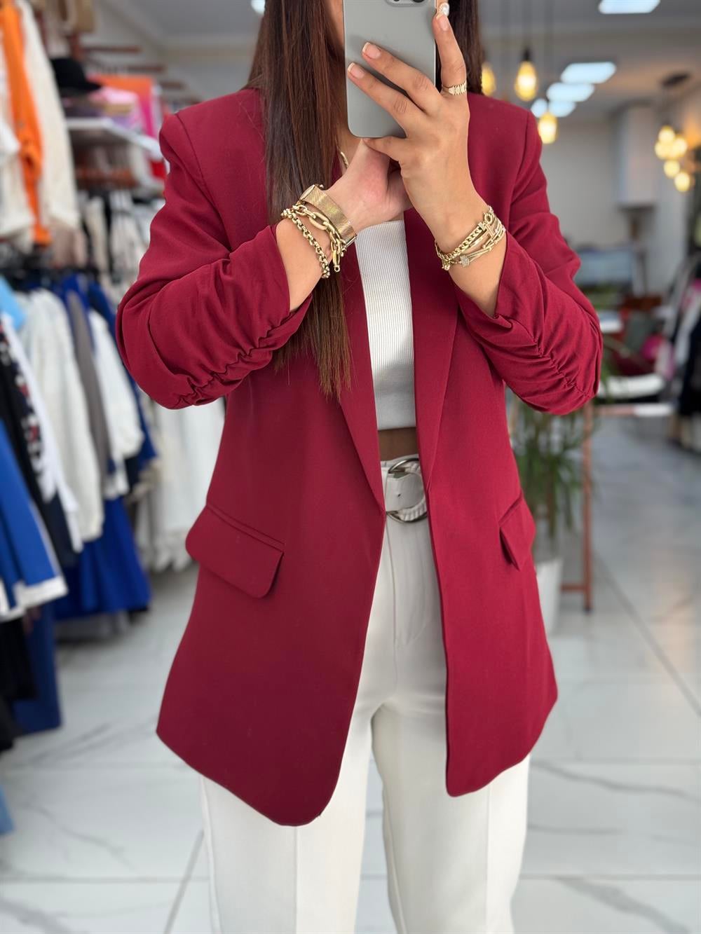 Kolu Büzgülü Blazer Ceket Bordo