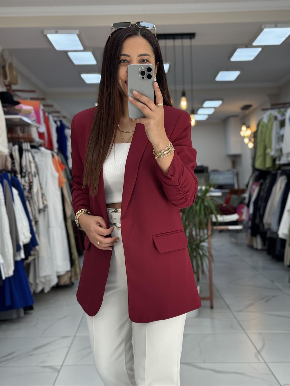 Kolu Büzgülü Blazer Ceket Bordo