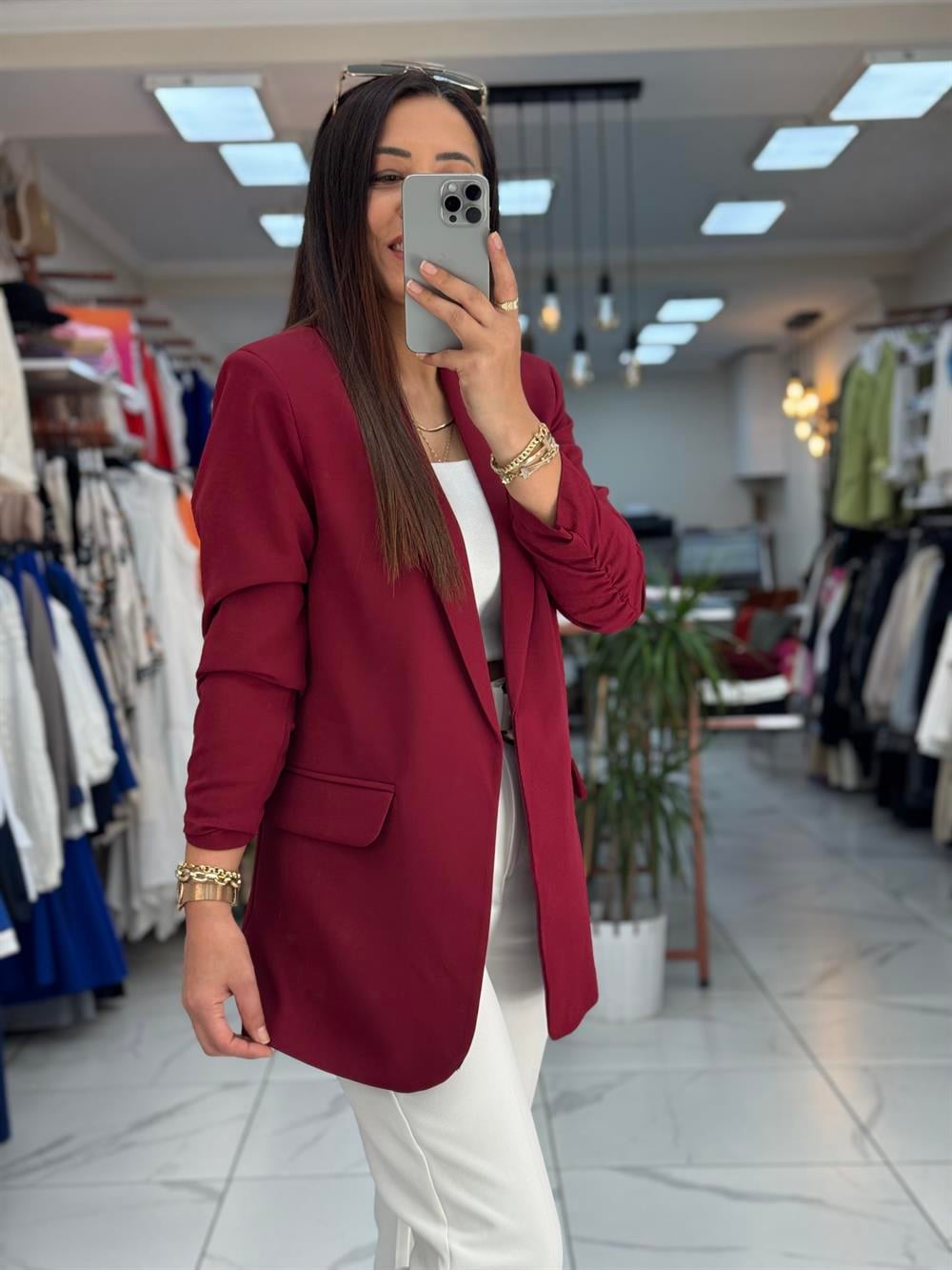 Kolu Büzgülü Blazer Ceket Bordo