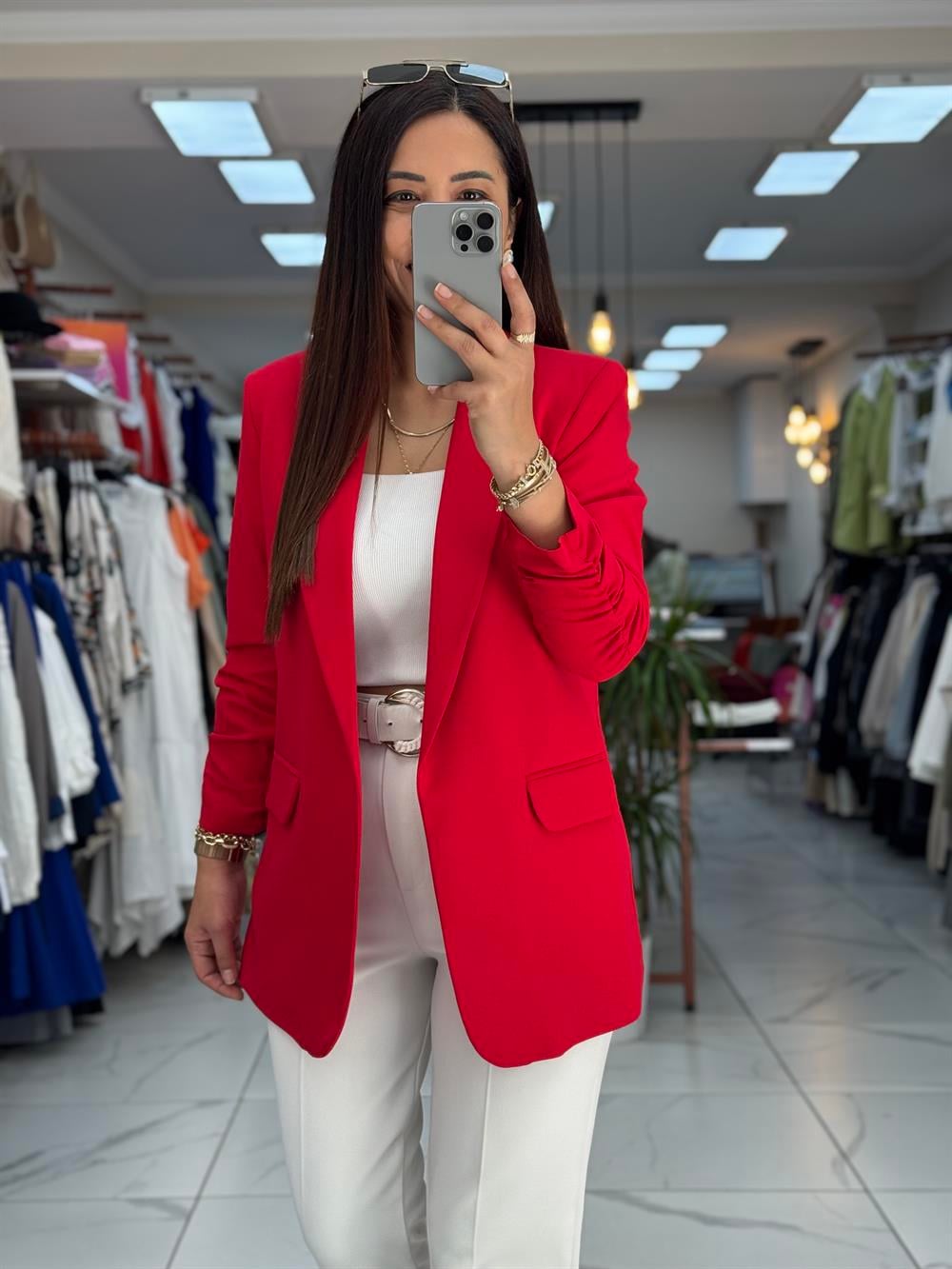 Kolu Büzgülü Blazer Ceket Kırmızı