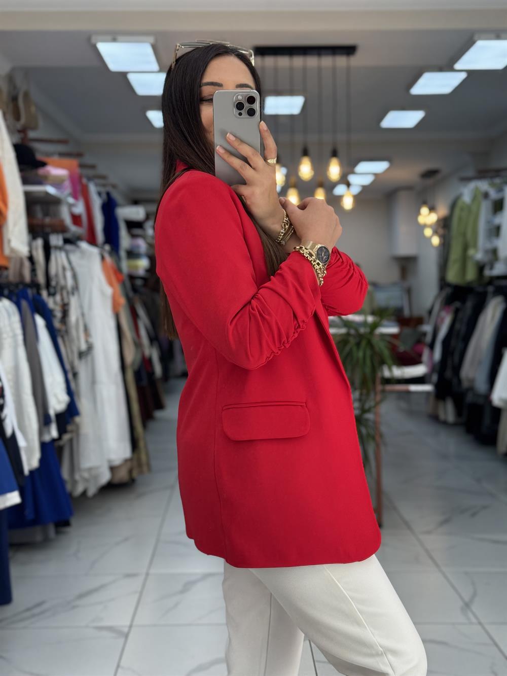 Kolu Büzgülü Blazer Ceket Kırmızı