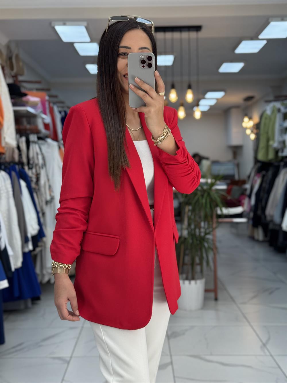 Kolu Büzgülü Blazer Ceket Kırmızı