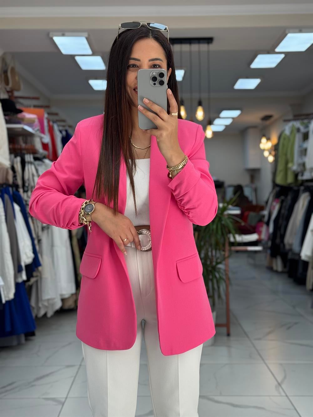 Kolu Büzgülü Blazer Ceket Pembe