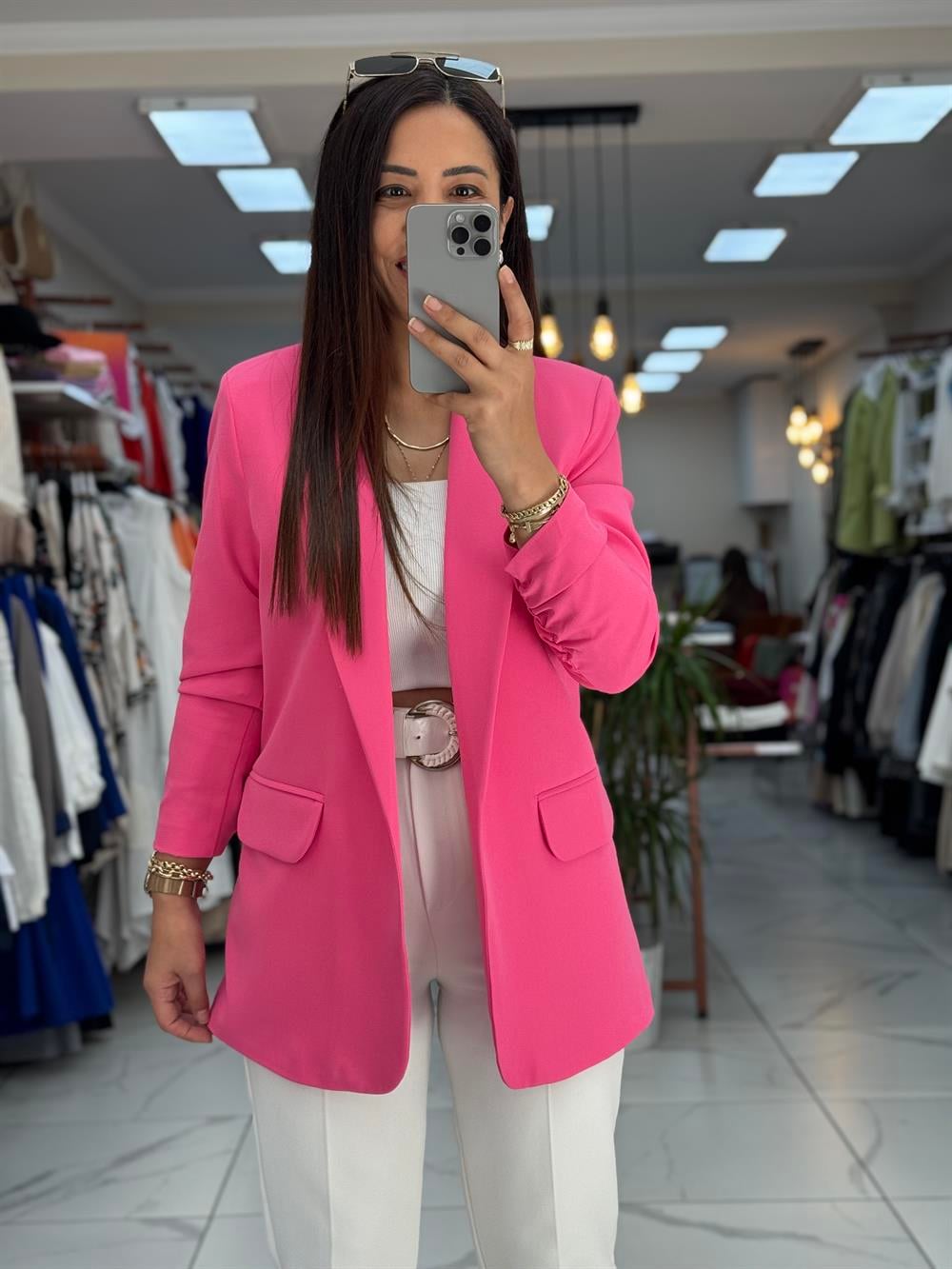 Kolu Büzgülü Blazer Ceket Pembe