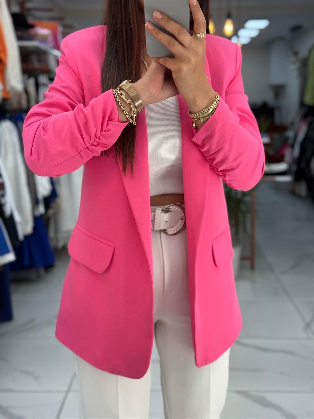 Kolu Büzgülü Blazer Ceket Pembe