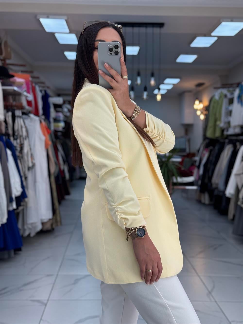 Kolu Büzgülü Blazer Ceket Sarı