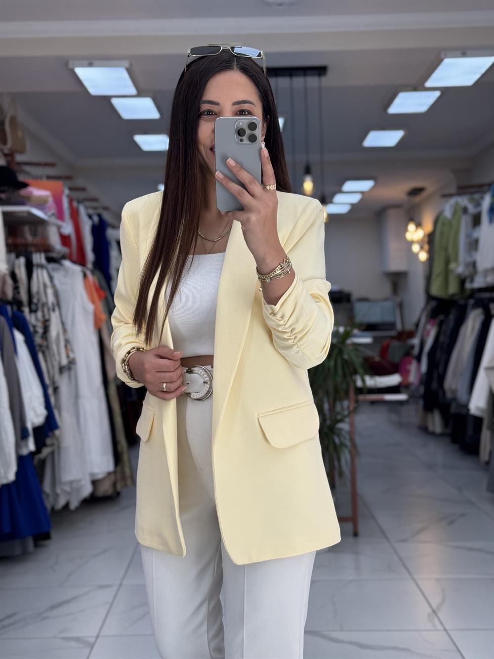 Kolu Büzgülü Blazer Ceket Sarı